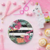 Tropische Blume Blätter Schwarz-weiße Streifen Pappteller (Party)