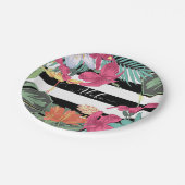 Tropische Blume Blätter Schwarz-weiße Streifen Pappteller (Schrägansicht)