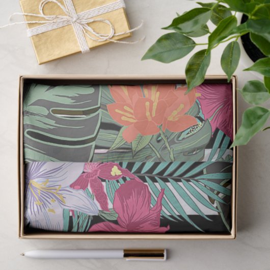 Tropische Blume Blätter Schwarz-weiße Streifen Seidenpapier (Geschenk)