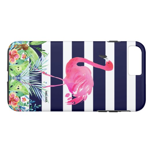 Tropische Blume, blaue Streifen und rosa Flamingo Case-Mate iPhone Hülle (Rückseite (Horizontal))