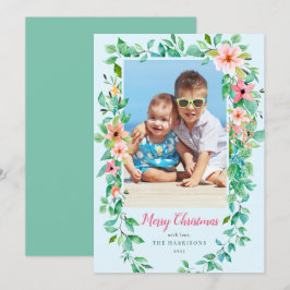Tropische Blume Blue Christmas 1-Foto Card Feiertagskarte