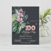 Tropische Blume Dunkel 100. Geburtstag Einladung (Stehend Vorderseite)