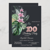 Tropische Blume Dunkel 100. Geburtstag Einladung (Vorne/Hinten)