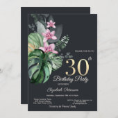 Tropische Blume Dunkel 30. Geburtstag Einladung (Vorne/Hinten)