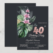 Tropische Blume Dunkel 40. Geburtstag Einladung (Vorne/Hinten)
