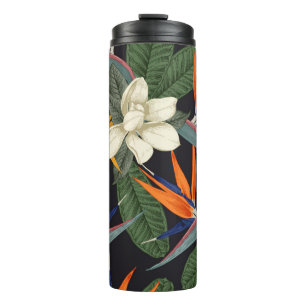 Tropische Blume, dunkler Hintergrund, nahtlos blüh Thermosbecher