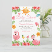 Tropische Blume Flamingo Beach Girl Babydusche Einladung (Stehend Vorderseite)