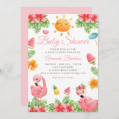 Tropische Blume Flamingo Beach Girl Babydusche Einladung (Vorne/Hinten)