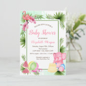 Tropische Blume Flamingo, Elephant Baby Dusche Einladung (Stehend Vorderseite)