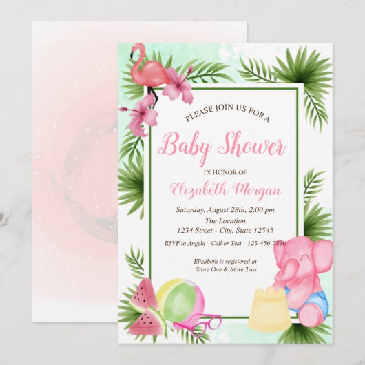 Tropische Blume Flamingo, Elephant Baby Dusche Einladung (Vorne/Hinten)