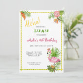 Tropische Blume & Flamingo Geburtstag Luau Einladung (Stehend Vorderseite)