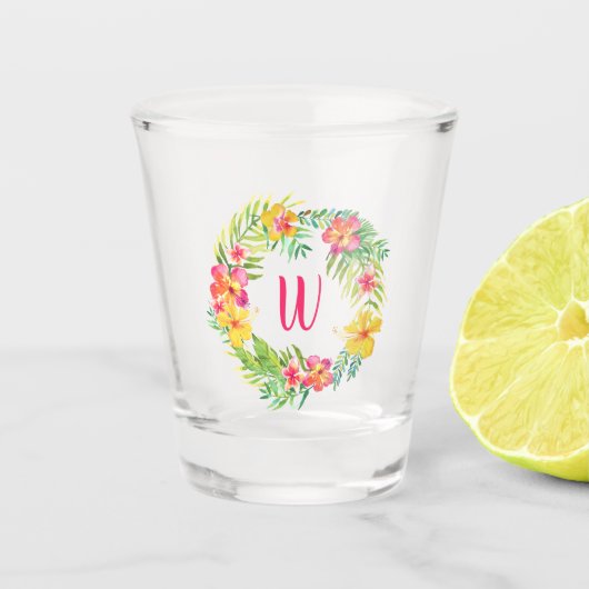 Tropische Blume Fuchsia Pink Monogramm Schnapsglas (Vorderseite)