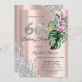 Tropische Blume Glitzer Tropfen Rose Gold 60. Einladung (Vorne/Hinten)