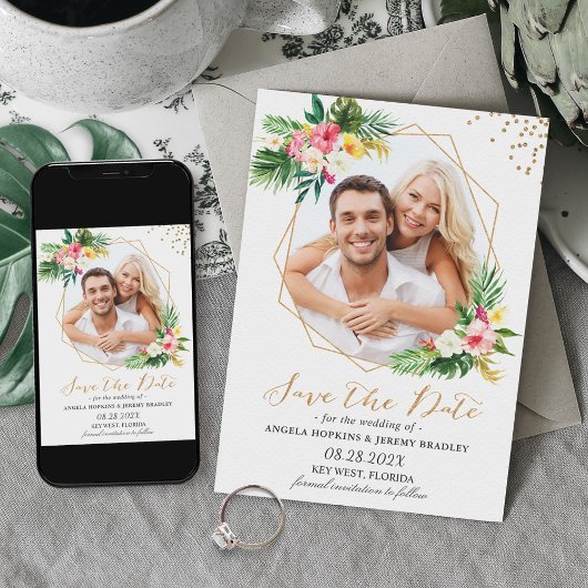 Tropische Blume Goldenes geometrisches Foto Save The Date