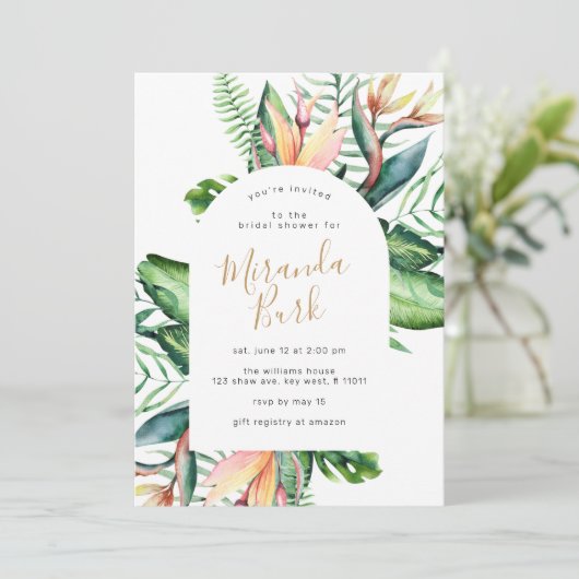 Tropische Blume Grünes Brautparty Einladung (Stehend Vorderseite)