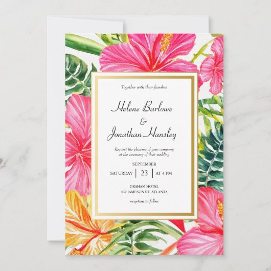 Tropische Blume Hibiskus Hochzeit in Urlaubsort Einladung (Vorderseite)