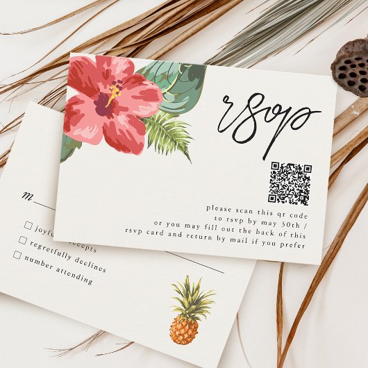 Tropische Blume Hochzeit und QR-Code RSVP Karte