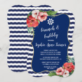 Tropische Blume Luau Navy Stripes Brunch & Bubbly Einladung (Vorne/Hinten)