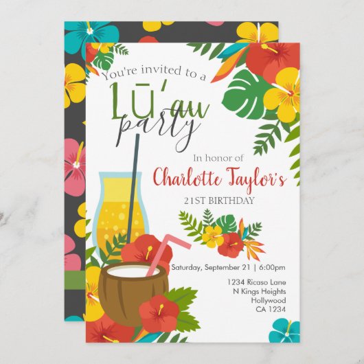 Tropische Blume Luau Party Einladung (Vorne/Hinten)