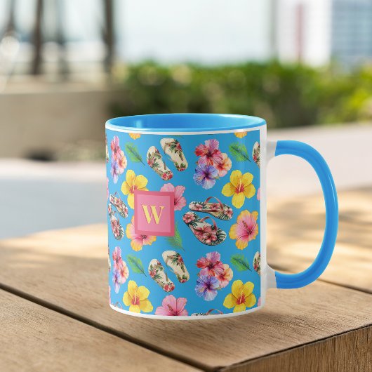 Tropische Blume mit FlipFlops Pink Monogramm auf b Tasse
