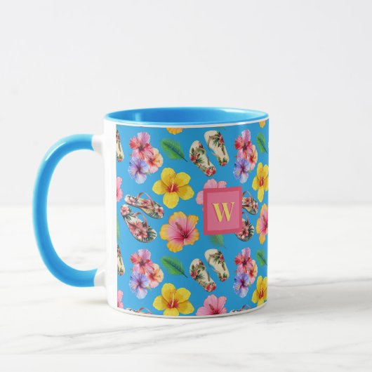 Tropische Blume mit FlipFlops Pink Monogramm auf b Tasse (Links)