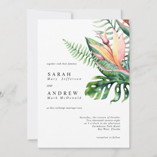 Tropische Blume Moderne Minimale Hochzeit Einladung (Vorderseite)
