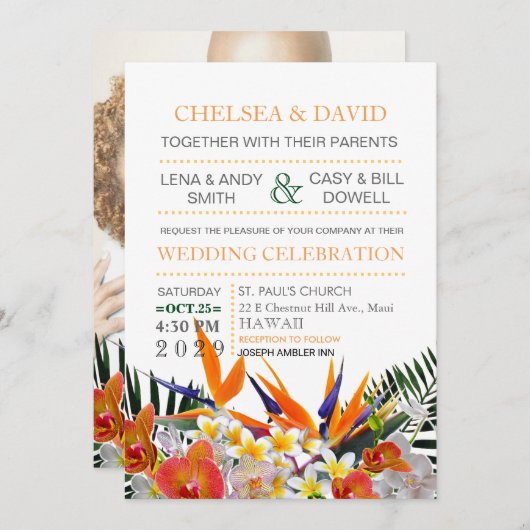 Tropische Blume Palm Blätter Moderne schicke Hochz Einladung (Vorne/Hinten)