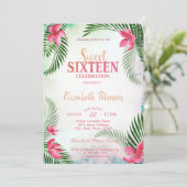 Tropische Blume Palm Blätter Sommer Süß 16 Party Einladung (Stehend Vorderseite)