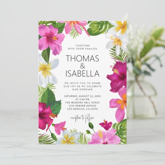 Tropische Blume | Palm Blätter Wedding Einladung (Stehend Vorderseite)