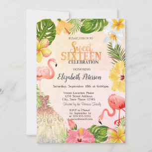 Tropische Blume Palm Flamingos Kleid Sweet 16 Einladung