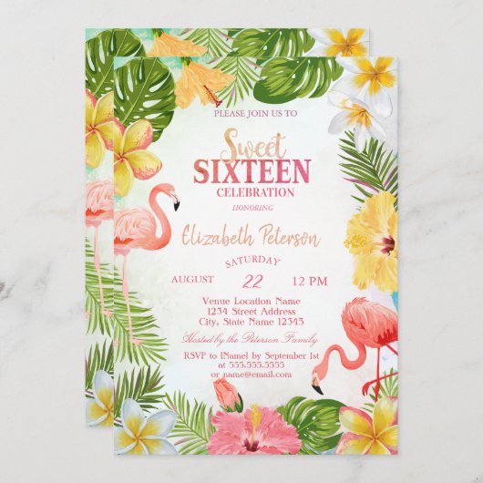 Tropische Blume Palm Flamingos Sweet 16 Party Einladung (Vorne/Hinten)