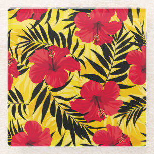 Tropische Blume Palmen Blätter, Vintage Muster. Glasuntersetzer