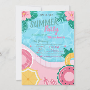 Tropische Blume Pool Geburtstagsparty Einladung
