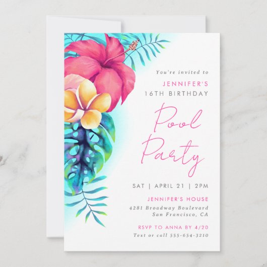 Tropische Blume Pool Party Geburtstag Einladung (Vorderseite)