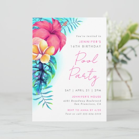 Tropische Blume Pool Party Geburtstag Einladung (Stehend Vorderseite)