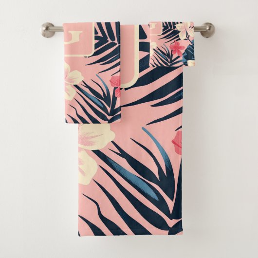 Tropische Blume Rosa personalisierte Monogramm Badhandtuch Set (Insitu)