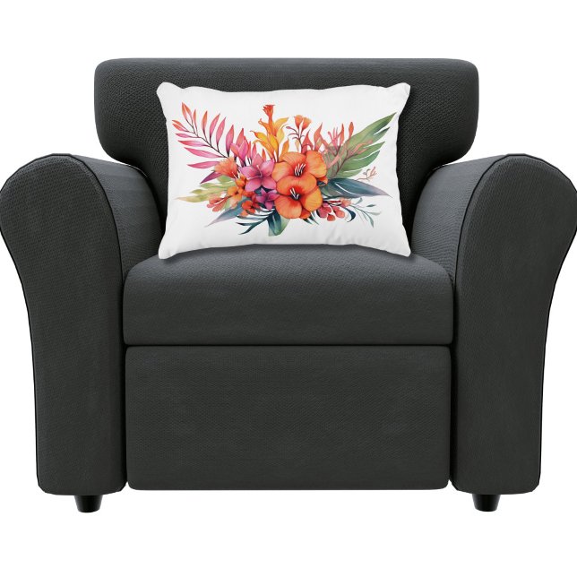 tropische Blume Rosa Pfirsichgelb Orange Dekokissen (Pink Peach Orange Yellow Tropical Floral Flowers with Greenery Throw pillow accent pillow. )