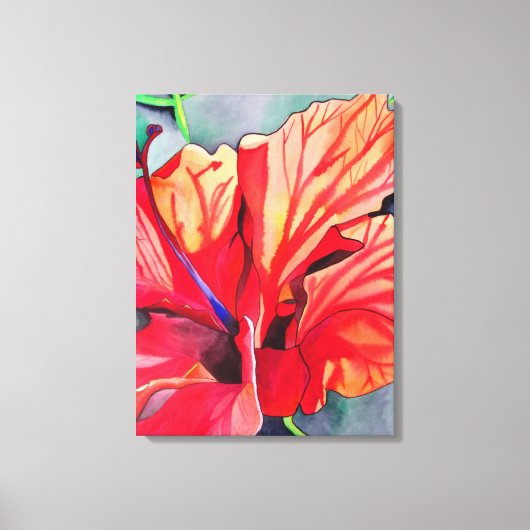 Tropische Blume Roter Hibiskus Aquarellkunst Leinwanddruck (Vorderseite)