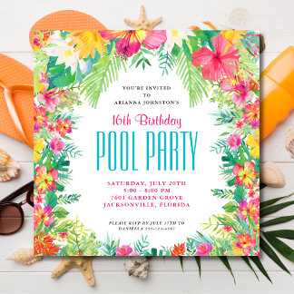 Tropische Blume Schwimmbad Party Geburtstag Einladung