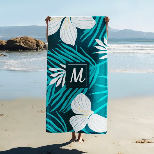 Tropische Blume Script Monogram Beach Handtuch