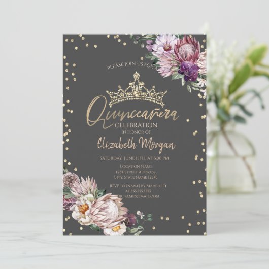 Tropische Blume Tiara Diamonds Gray Quinceañera Einladung (Stehend Vorderseite)