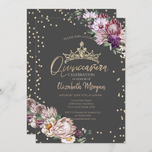 Tropische Blume Tiara Diamonds Gray Quinceañera Einladung (Vorne/Hinten)