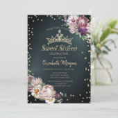 Tropische Blume Tiara Diamonds Green Sweet 16 Einladung (Stehend Vorderseite)