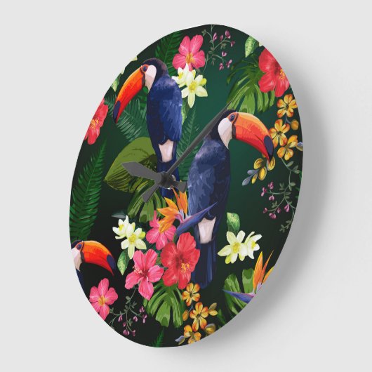 Tropische Blume, Toucan: floraler Hintergrund. Große Wanduhr (Winkel)