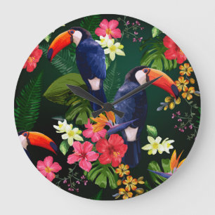 Tropische Blume, Toucan: floraler Hintergrund. Große Wanduhr