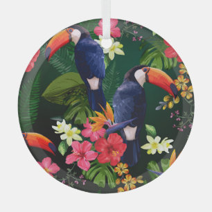 Tropische Blume, Toucan: floraler Hintergrund. Ornament Aus Glas