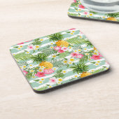 Tropische Blume und Ananas auf Aquamarinen Streife Getränkeuntersetzer (Linke Seite)