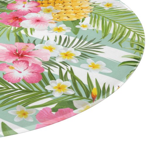 Tropische Blume und Ananas auf Aquamarinen Streife Schneidebrett (Ecke)