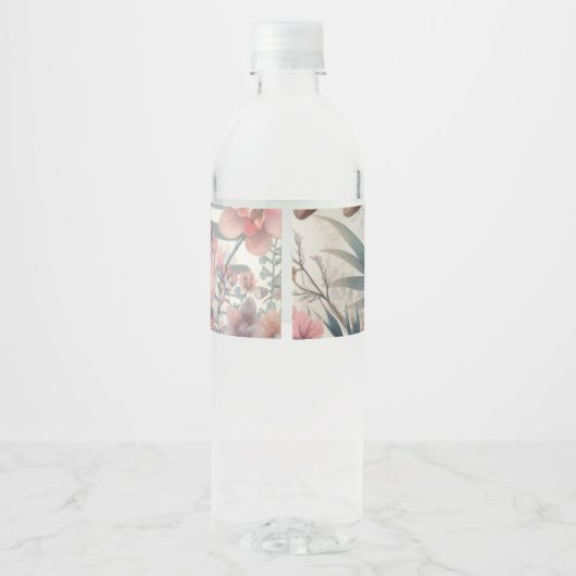 Tropische Blume und Blätter, Aquarell Wasserflaschenetikett (Rückseite)