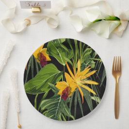 Tropische Blume und Blätter aus Palmen im Sommer. Pappteller